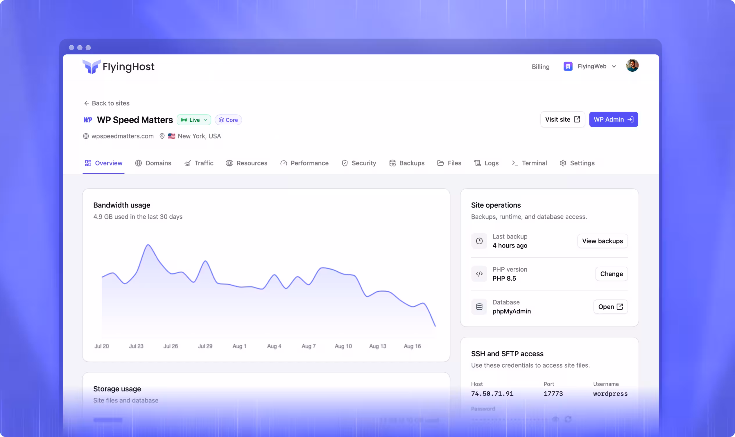 FlyingHost WordPress hosting dashboard